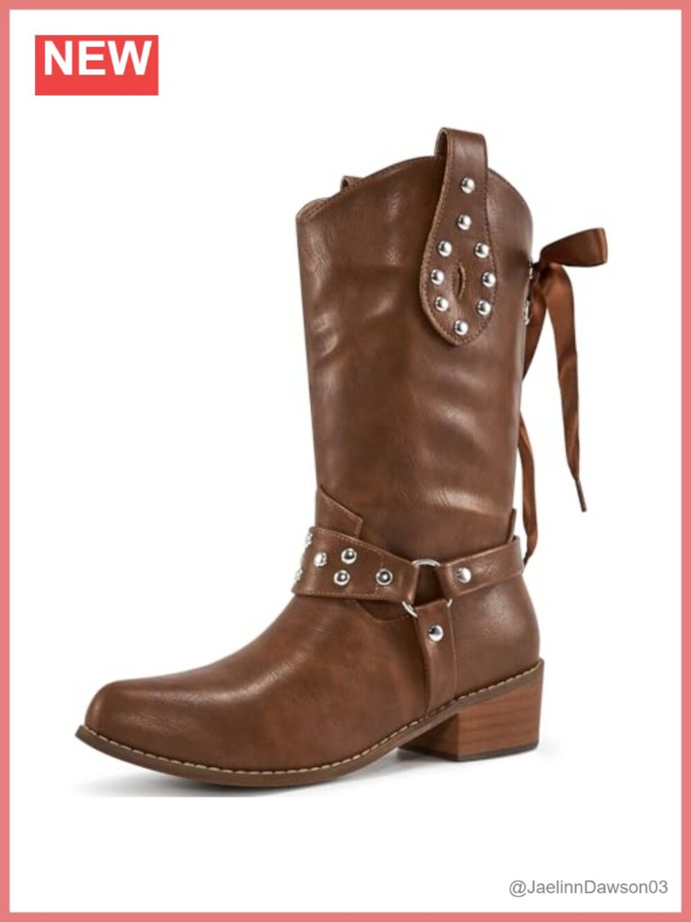 Western Cowboy Boots Faux Leather Mid Calf Chunky Heel Pointed Toe